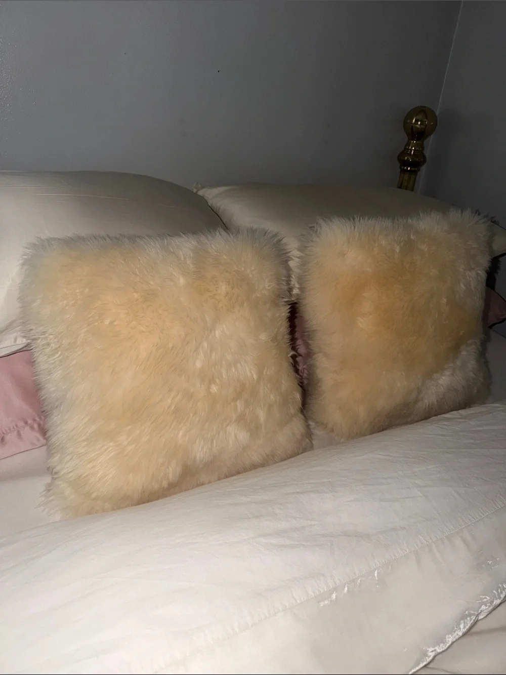 Fibre by Auskin Set of Decorative Natural Sheepskin Fur Flax Linen Cream Pillows